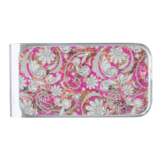 Cute white pink paisley patterns silver finish money clip (Front)