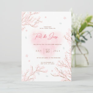 Cute White Pink with Sakura Branches Wedding Invitation