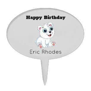 Cute white polar bear on gray birthday cake topper