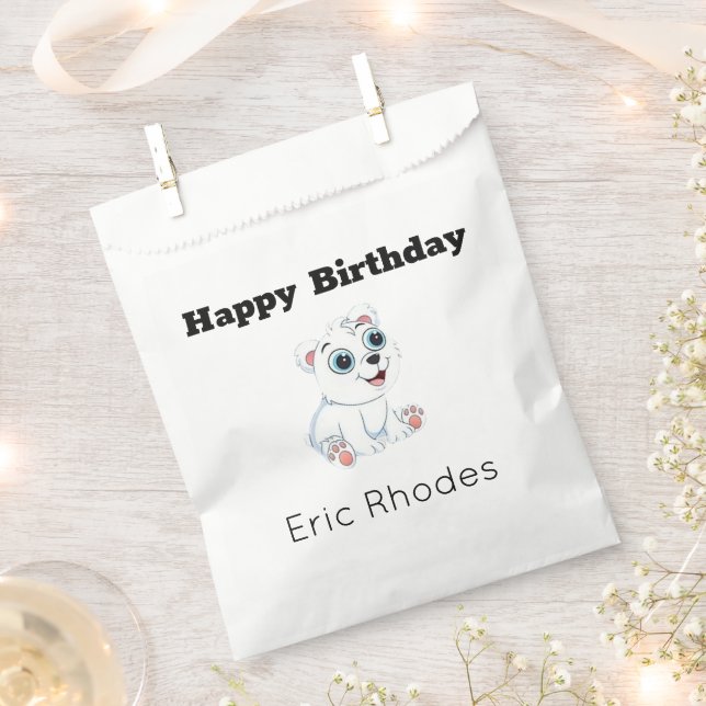 Cute white polar bear on gray birthday favor bag (Clipped)