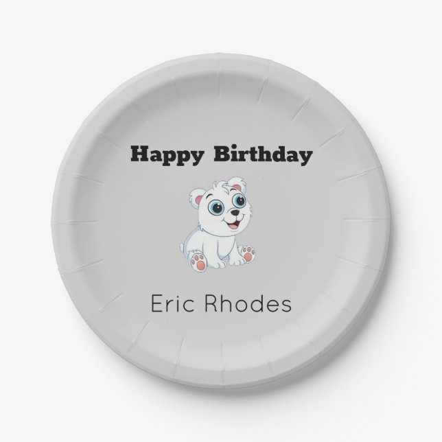 Cute white polar bear on gray birthday paper plates (Front)