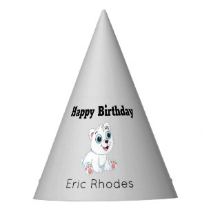 Cute white polar bear on gray birthday party hat