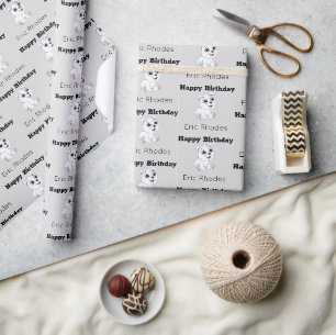 Cute white polar bear on gray birthday wrapping paper