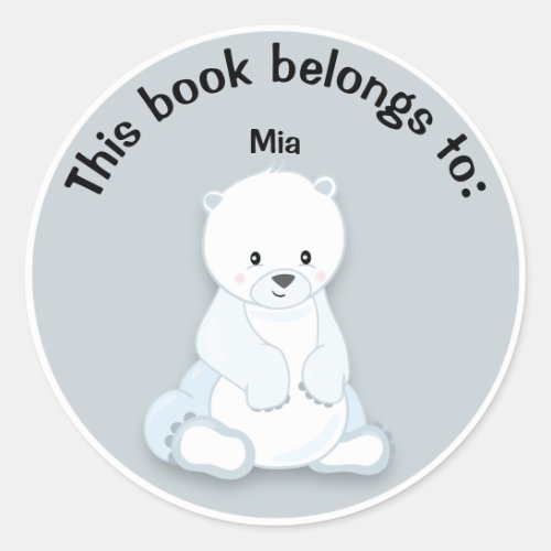 Cute White Polar Bear on Gray Book Name Plate Classic Round Sticker
