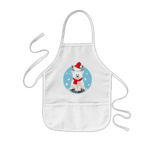 Cute White Polar Bear Red Santa's Hat & Scarf Name Kids' Apron