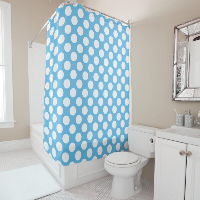 Cute White Polka Dot On Light Blue Background Shower Curtain (In Situ)
