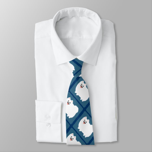 Cute White Pomeranian Cartoon Dogs Pattern Neck Tie (Tied)