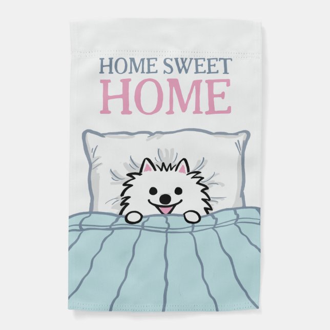 Cute White Pomeranian Dog Home Sweet Home Garden Flag (Front)