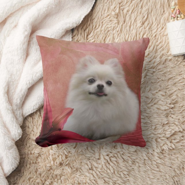 Cute White Pomeranian Dog  Throw Pillow (Blanket)