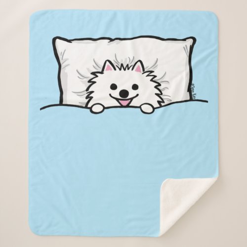 Cute White Pomeranian Dog Tucked in Bed Sherpa Blanket