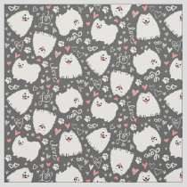 Cute White Pomeranian Dogs Pattern with Hearts Fabric