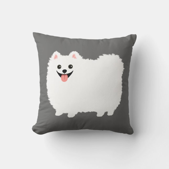 Cute White Pomeranian Fluffy Happy Dog Throw Pillow (Front)