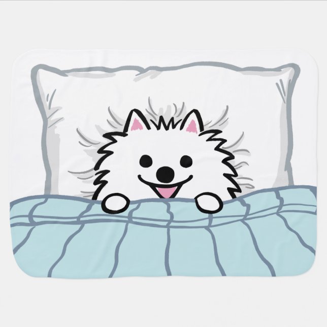 Cute White Pomeranian Tucked in Bed Baby Blanket (Horizontal)