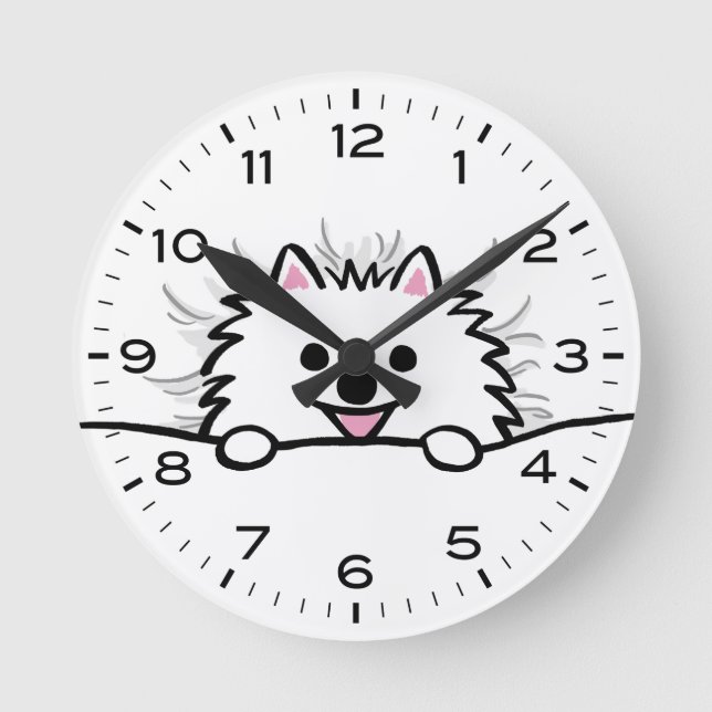 Cute White Pomeranian Tucked in Bed Round Clock (Front)