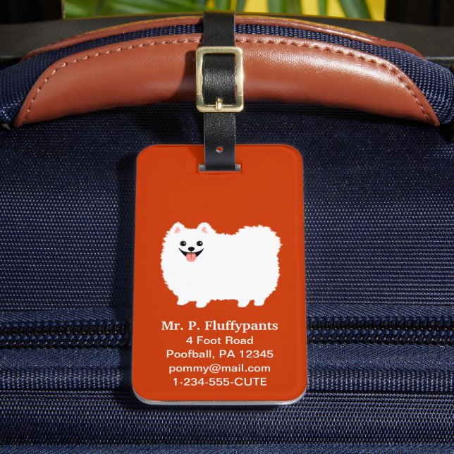 Cute White Pomeranian with Customizable Text Luggage Tag (Front Insitu 2)