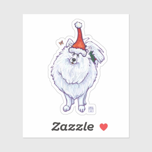 Cute White Pomeranianin a Santa Hat Sticker (Sheet)
