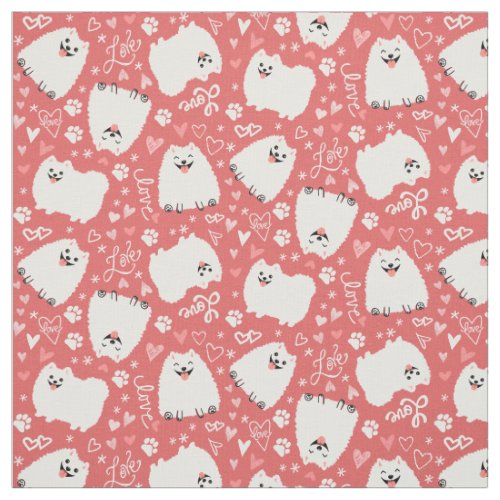 Cute White Pomeranians Pattern with Hearts Pink Fabric
