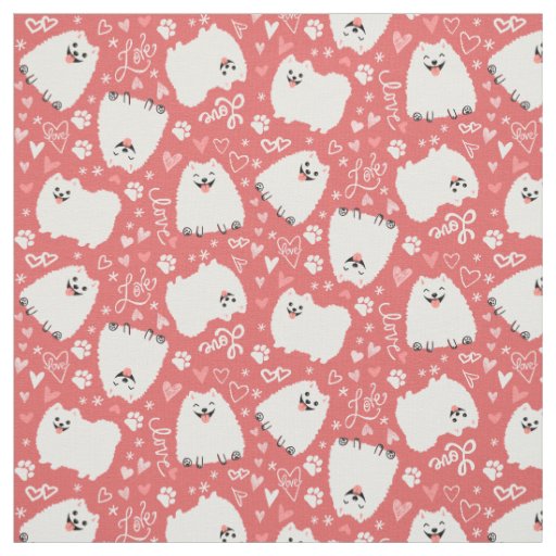 Cute White Pomeranians Pattern with Hearts Pink Fabric