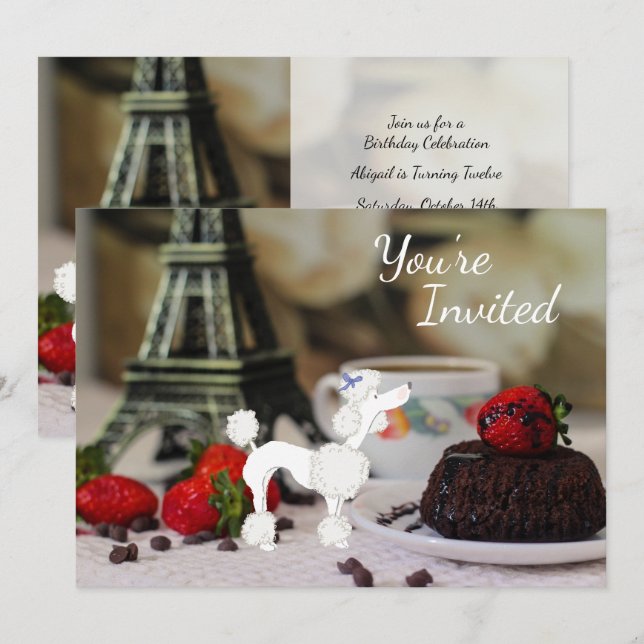 Cute White Poodle Eiffel Tower Paris Dog Birthday Invitation (Front/Back)