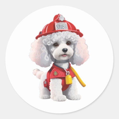  Cute White Poodle Firefighter Sticker