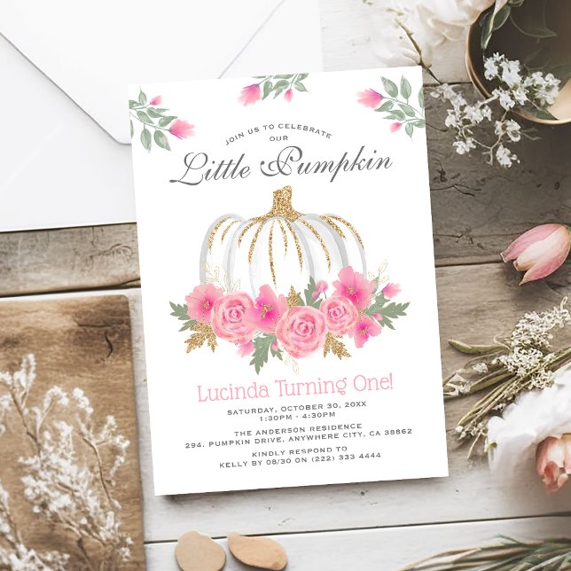Cute White Pumpkin Floral 1st Birthday Invitation (Creator Uploaded)