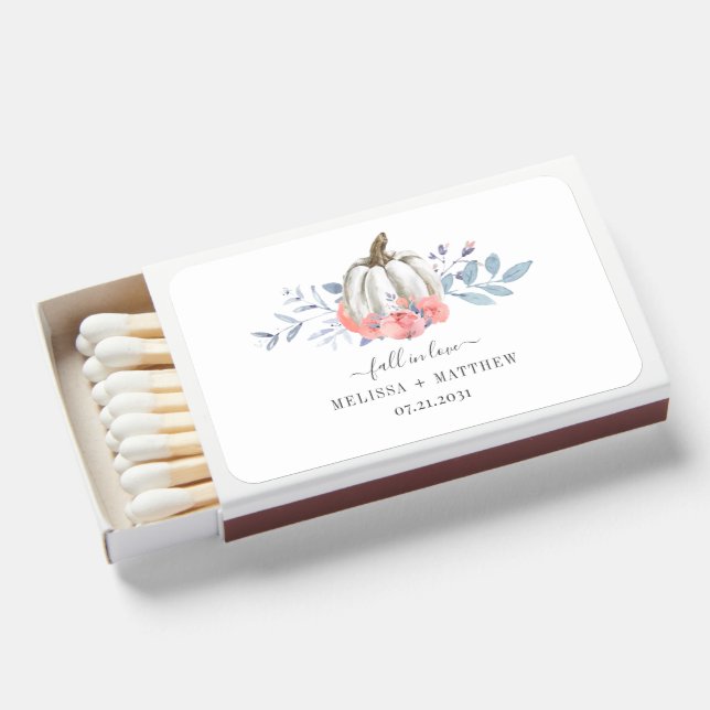 Cute White Pumpkin Floral Botanical Wedding Matchboxes (Front Open)
