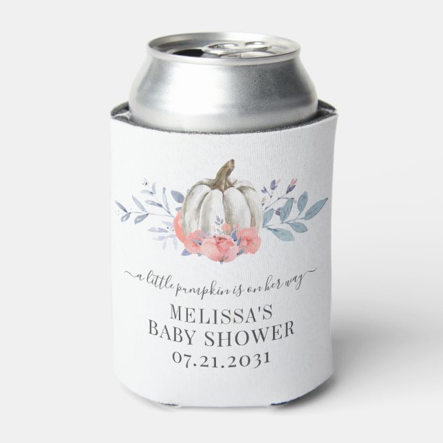 Cute White Pumpkin Floral Pink Roses Botanical Can Cooler (Can Front)