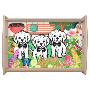 Cute White Puppies & Flowers Nature For Dog Lovers Serving Tray