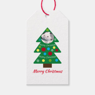 Cute White Puppy Dog Colorful Christmas Green Tree Gift Tags