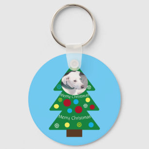 Cute White Puppy Dog Colorful Christmas Tree Blue Keychain