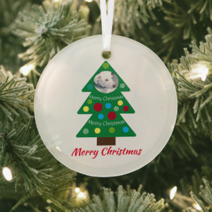 Cute White Puppy Dog Colorful Christmas Tree Clear Glass Ornament