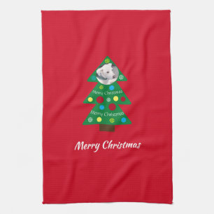 Cute White Puppy Dog Colorful Christmas Tree Red Kitchen Towel