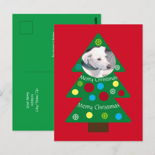 Cute White Puppy Dog Colorful Christmas Tree Red Postcard