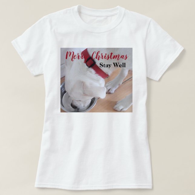 Cute White Puppy Dog Drinking Water Red Christmas T-Shirt (Design Front)