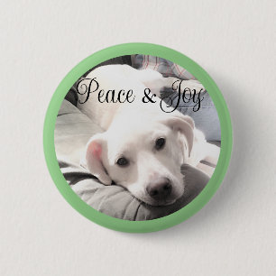 Cute White Puppy Dog Peace and Joy Sage Green Button