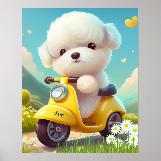 Cute White Puppy Dog riding a yellow scooter Art Poster (Front)