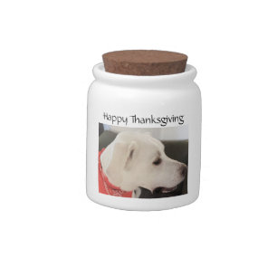 Cute White Puppy Dog Thanksgiving Candy Jar