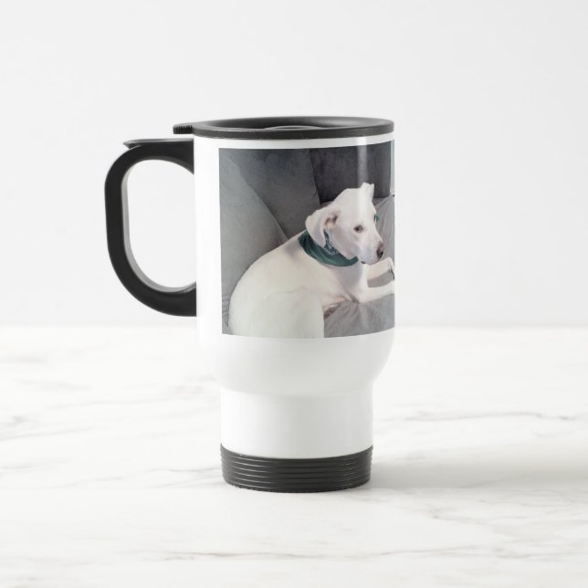 Cute White Puppy Dog Wearing Green Scarf Gray Travel Mug (Left)