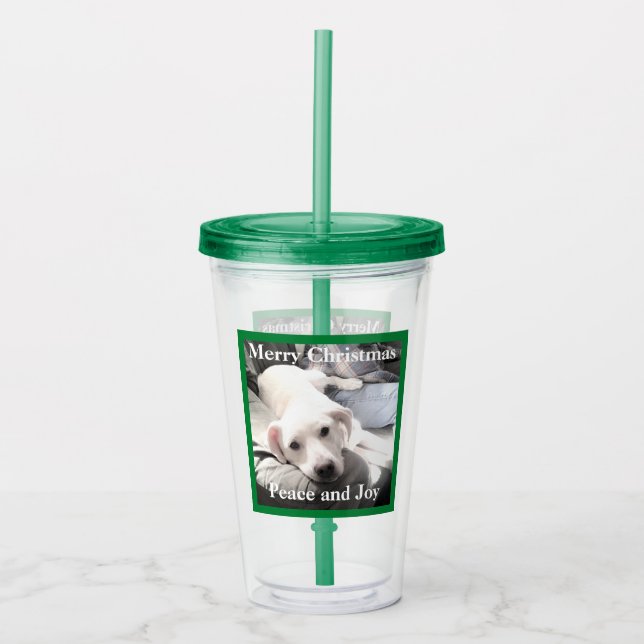 Cute White Puppy Dog with Dad on Couch Green Acrylic Tumbler (Front)