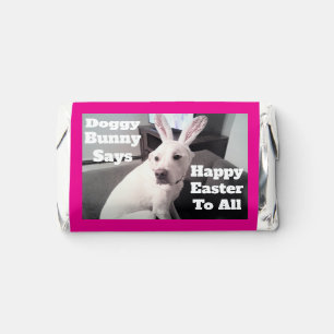Cute White Puppy Dog with Easter Bunny Ears Pink Hershey's Miniatures