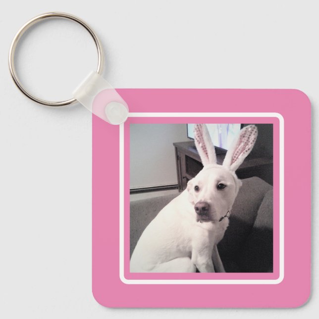 Cute White Puppy Dog With Easter Bunny Ears Pink Keychain (Front)