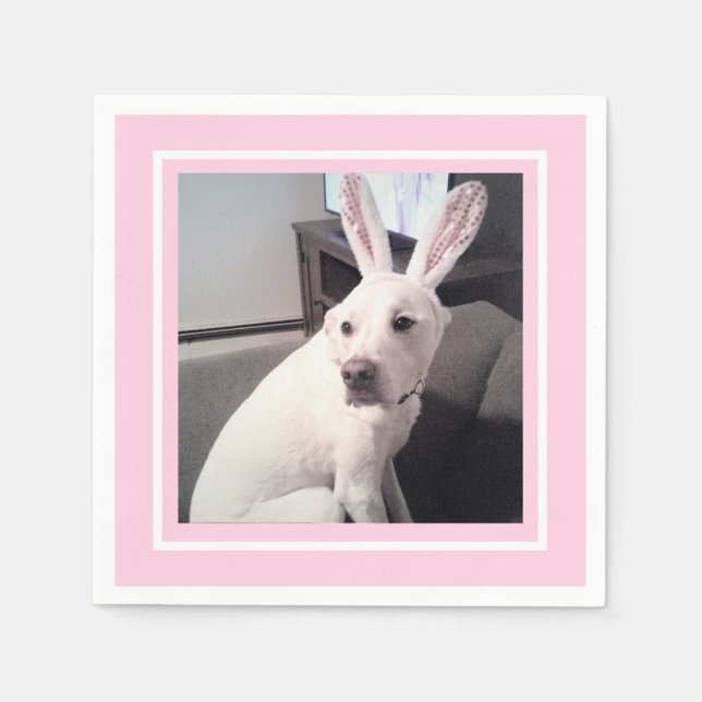 Cute White Puppy Dog With Easter Bunny Ears Pink Napkins (Front)