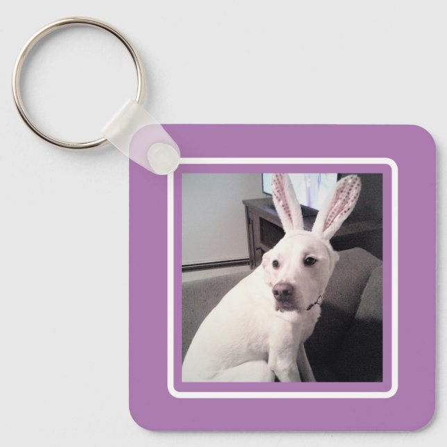 Cute White Puppy Dog With Easter Bunny Ears Purple Keychain (Front)