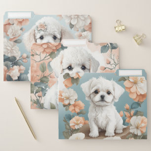 Cute White Puppy Dogs Pastel Floral File Folder