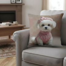 Cute White Puppy in Pink Sweater & Hat