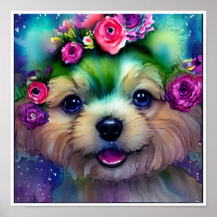 Cute White Puppy with Flowers in Its Head  Poster