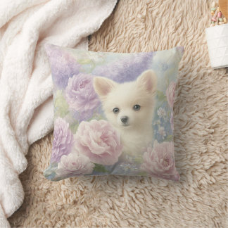 cute white puppy with flowers throw pillow