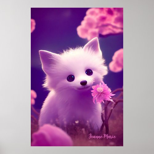 Cute White Purple Baby Fox With Pink Flowers Poster