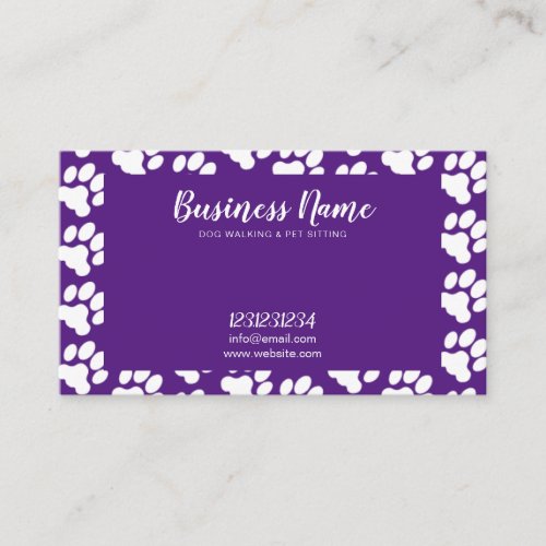 Cute White  Purple Paw Print Pattern Dog Walking Business Card