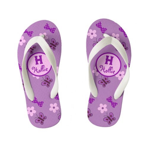 Cute White Purple Pink Floral Butterfly Bow Custom Kids Flip Flops